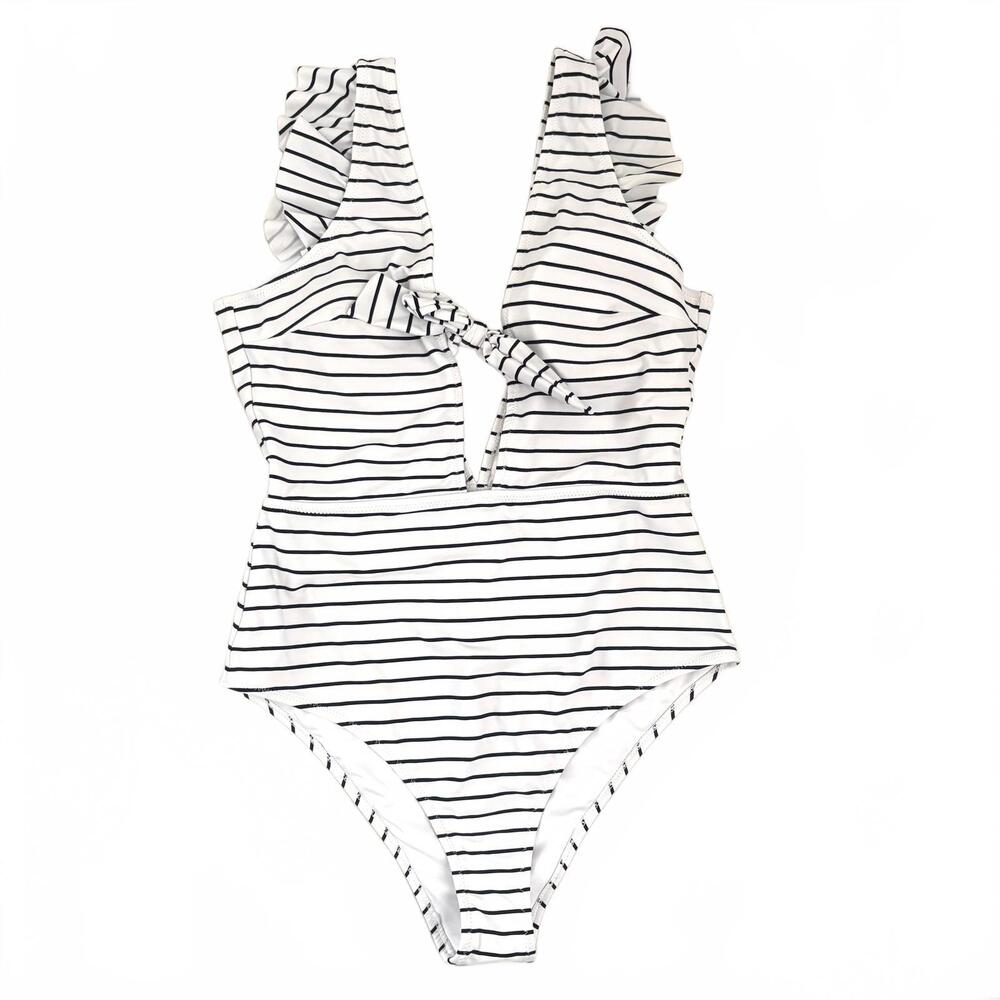 Cupshe | NWOT Black White Striped One Piece Swimsuit Ruffle Deep V Front Tie M